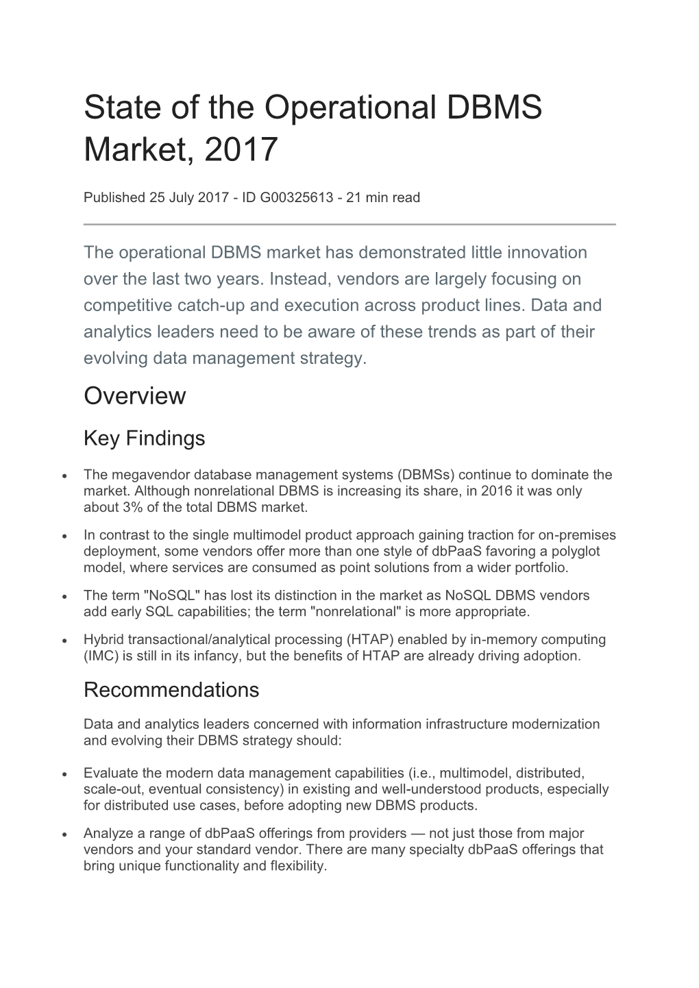 State of the Operational DBMS Market, 2017