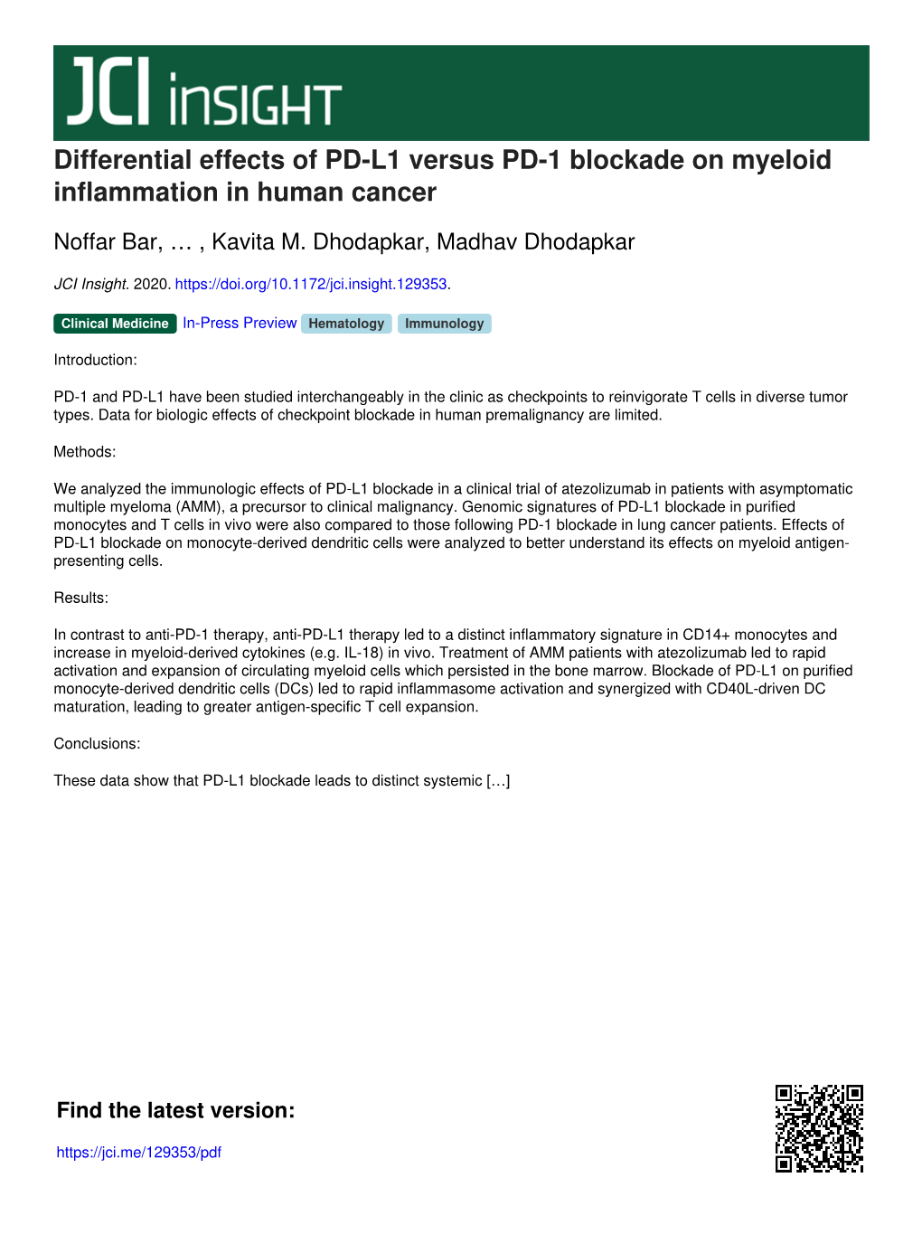 Differential Effects of PD-L1 Versus PD-1 Blockade on Myeloid Inflammation in Human Cancer