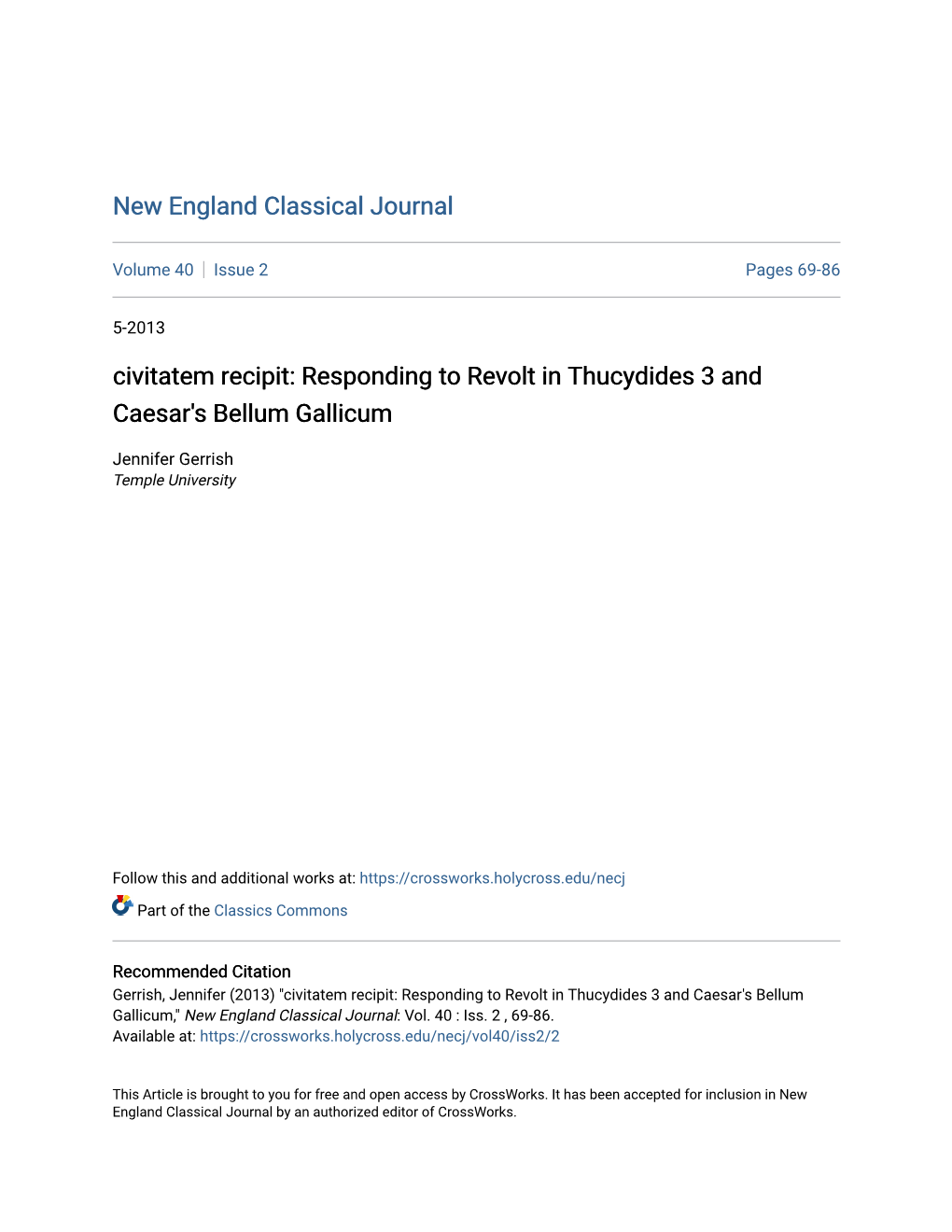 Civitatem Recipit: Responding to Revolt in Thucydides 3 and Caesar's Bellum Gallicum