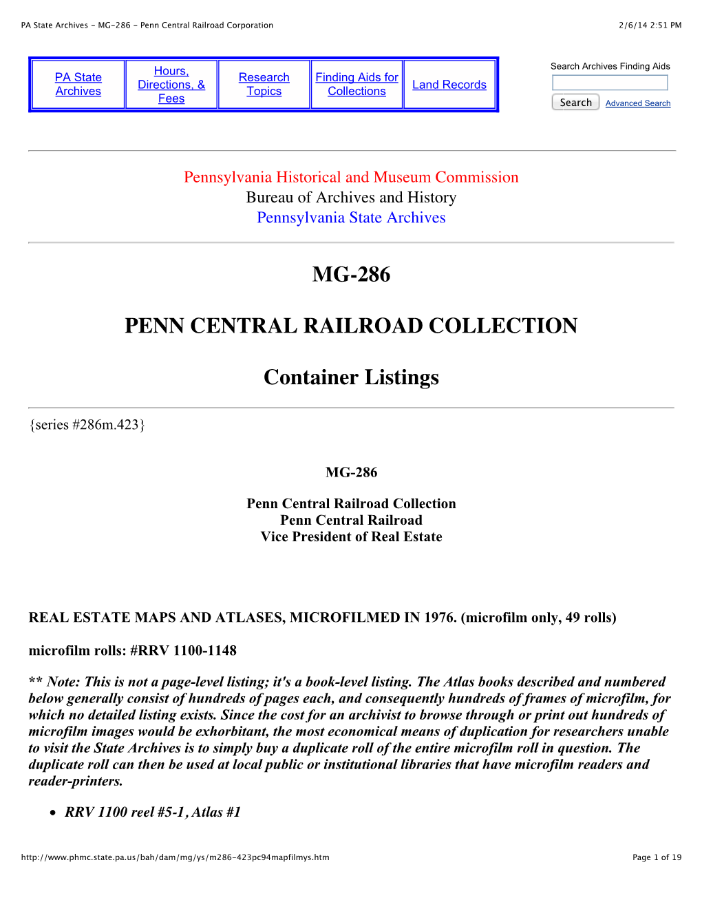 PA State Archives - MG-286 - Penn Central Railroad Corporation 2/6/14 2:51 PM
