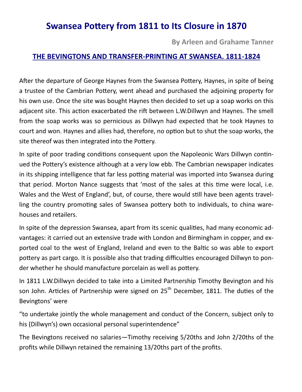 Swansea Pottery from 1811 to Its Closure in 1870 by Arleen and Grahame Tanner the BEVINGTONS and TRANSFER-PRINTING at SWANSEA