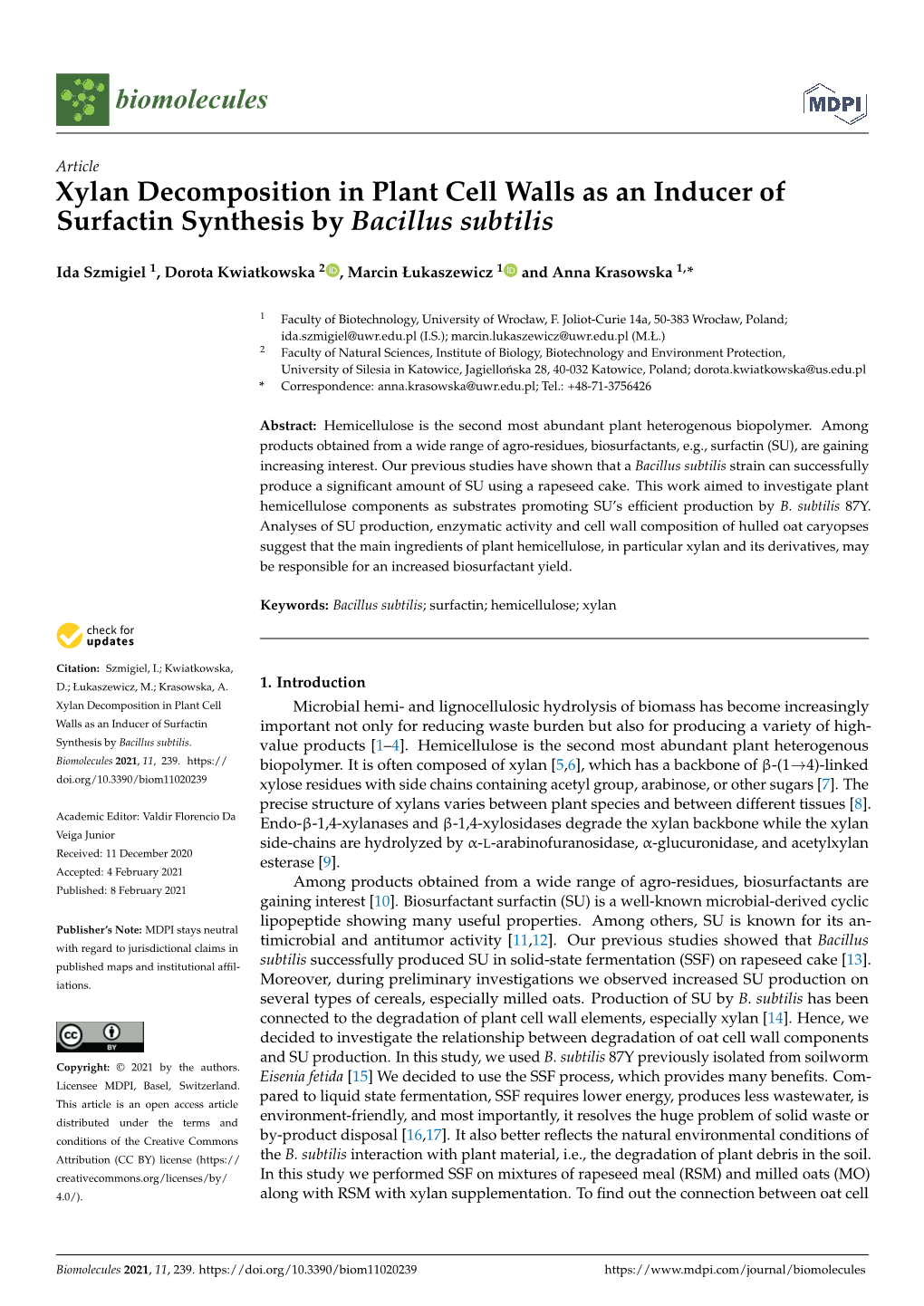 Xylan Decomposition in Plant Cell Walls As an Inducer of Surfactin Synthesis by Bacillus Subtilis