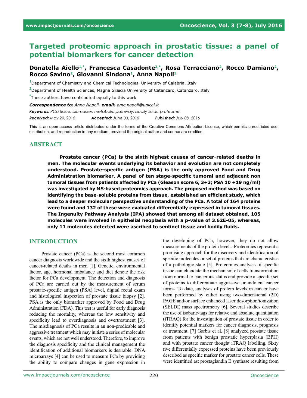 Targeted Proteomic Approach in Prostatic Tissue: a Panel of Potential Biomarkers for Cancer Detection