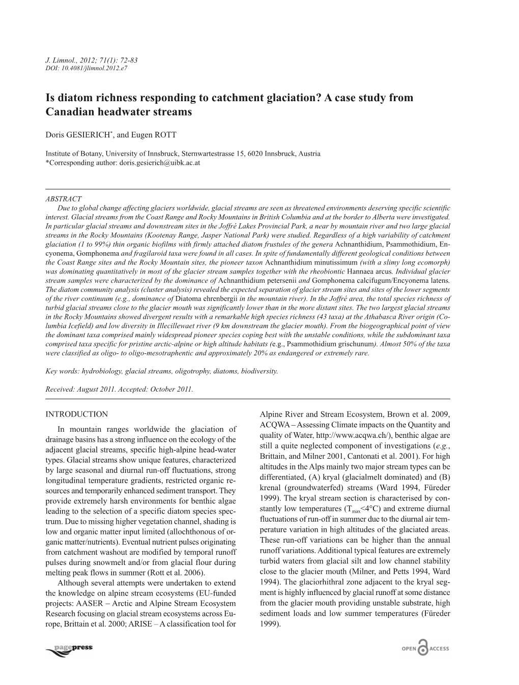 Is Diatom Richness Responding to Catchment Glaciation? a Case Study from Canadian Headwater Streams