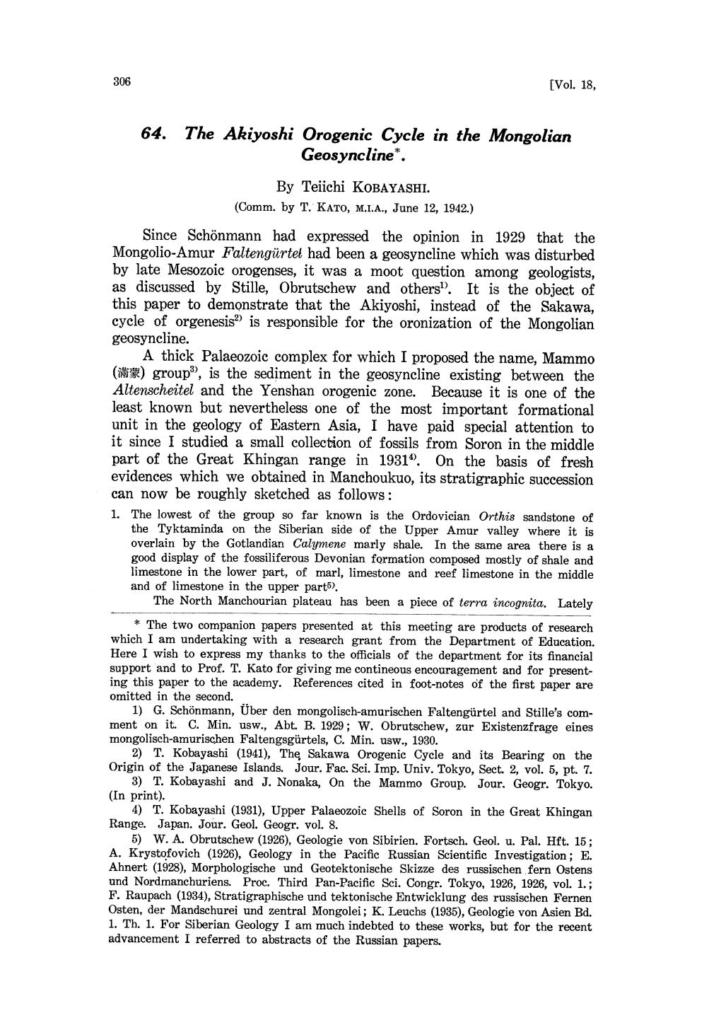 64. the Akiyoshi Orogenic Cycle in the Mongolian Geosyncline*. by Teiichi KOBAYASHI