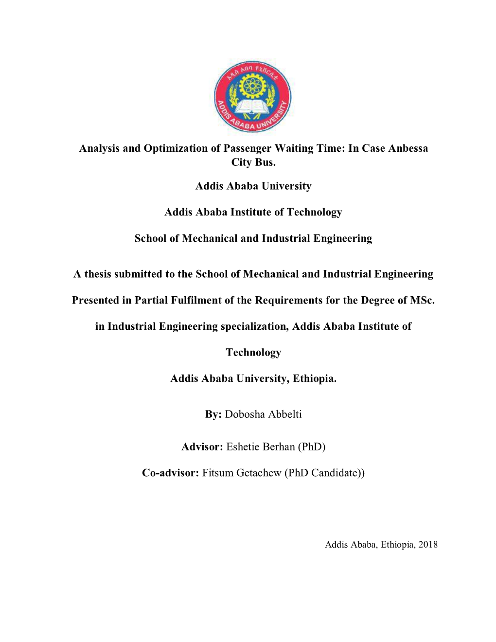 Analysis and Optimization of Passenger Waiting Time: in Case Anbessa City Bus