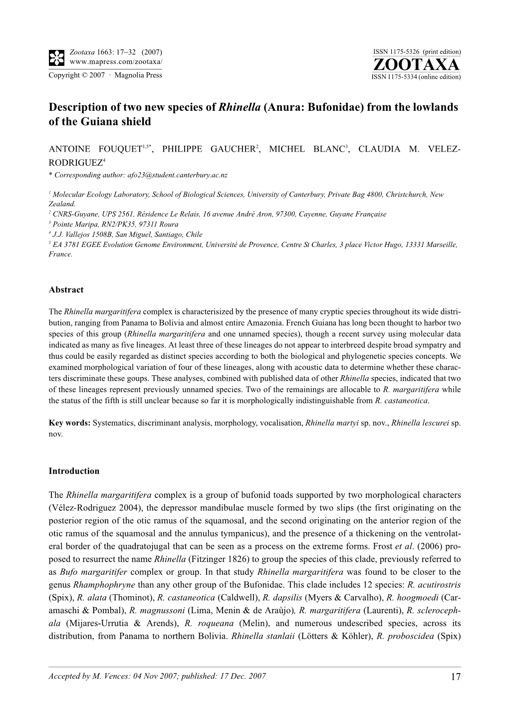 Zootaxa,Description of Two New Species Of