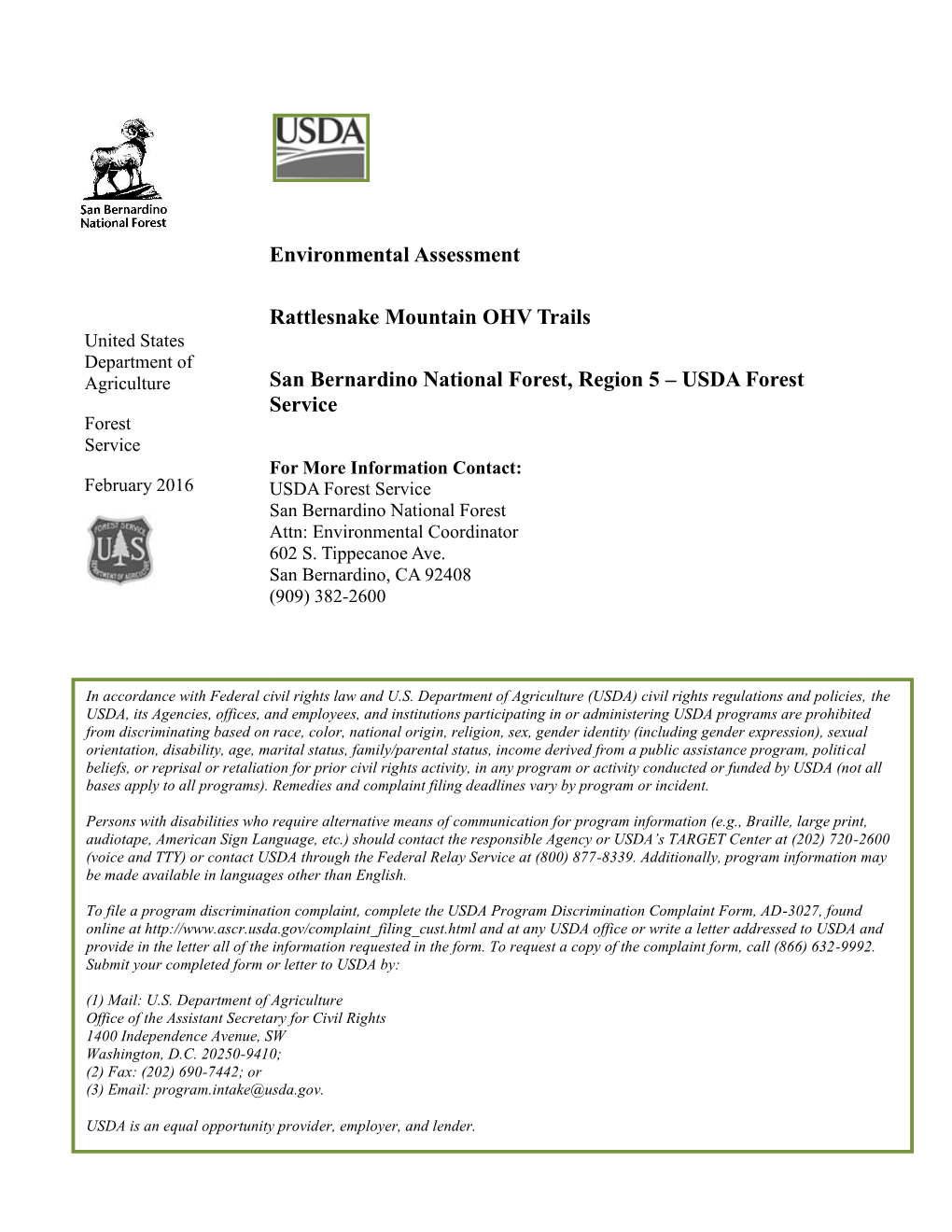 Environmental Assessment Rattlesnake Mountain OHV Trails San Bernardino National Forest, Region 5 – USDA Forest Service