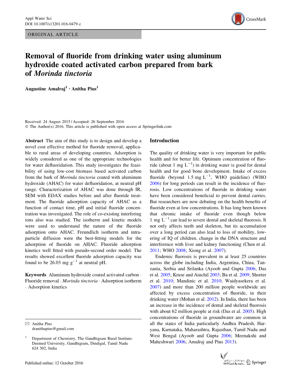 Removal of Fluoride from Drinking Water Using Aluminum Hydroxide Coated Activated Carbon Prepared from Bark of Morinda Tinctoria