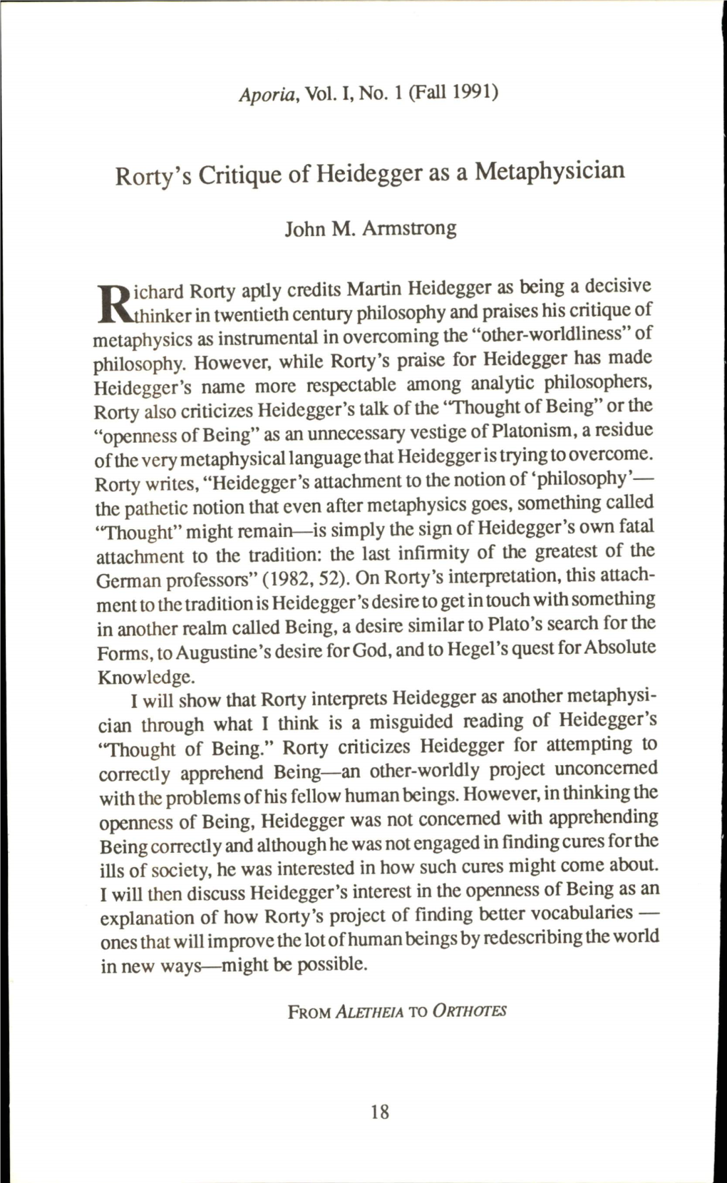 Rorty's Critique of Heidegger As a Metaphysician