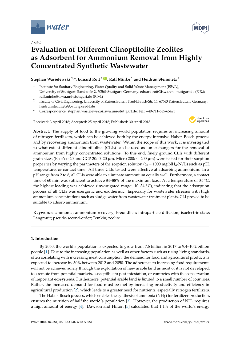 Evaluation of Different Clinoptilolite Zeolites As Adsorbent for Ammonium Removal from Highly Concentrated Synthetic Wastewater