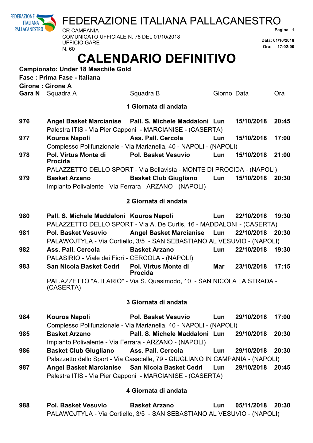 CALENDARIO DEFINITIVO Campionato: Under 18 Maschile Gold Fase : Prima Fase - Italiana Girone : Girone a Gara N Squadra a Squadra B Giorno Data Ora