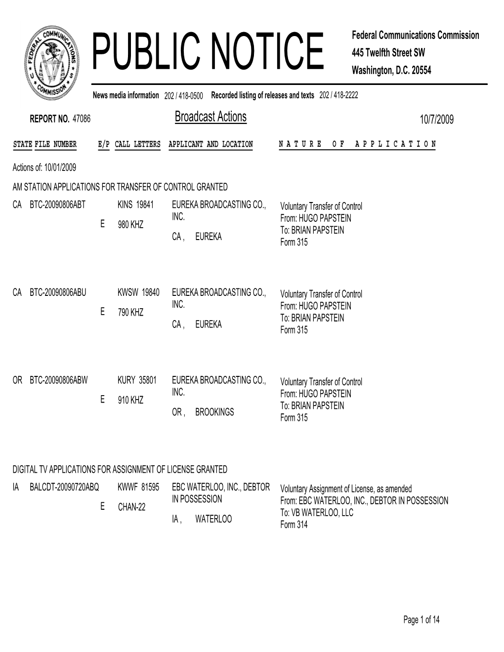 Broadcast Actions 10/7/2009