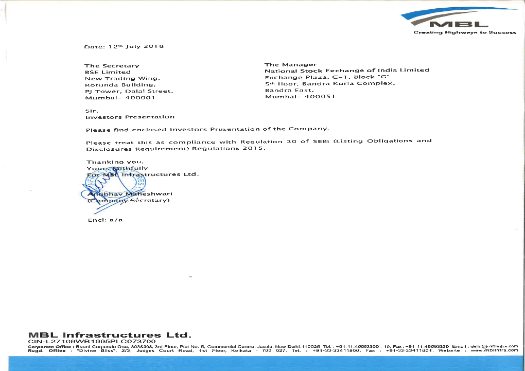 MBL Infrastructure Investor Presentation May’18