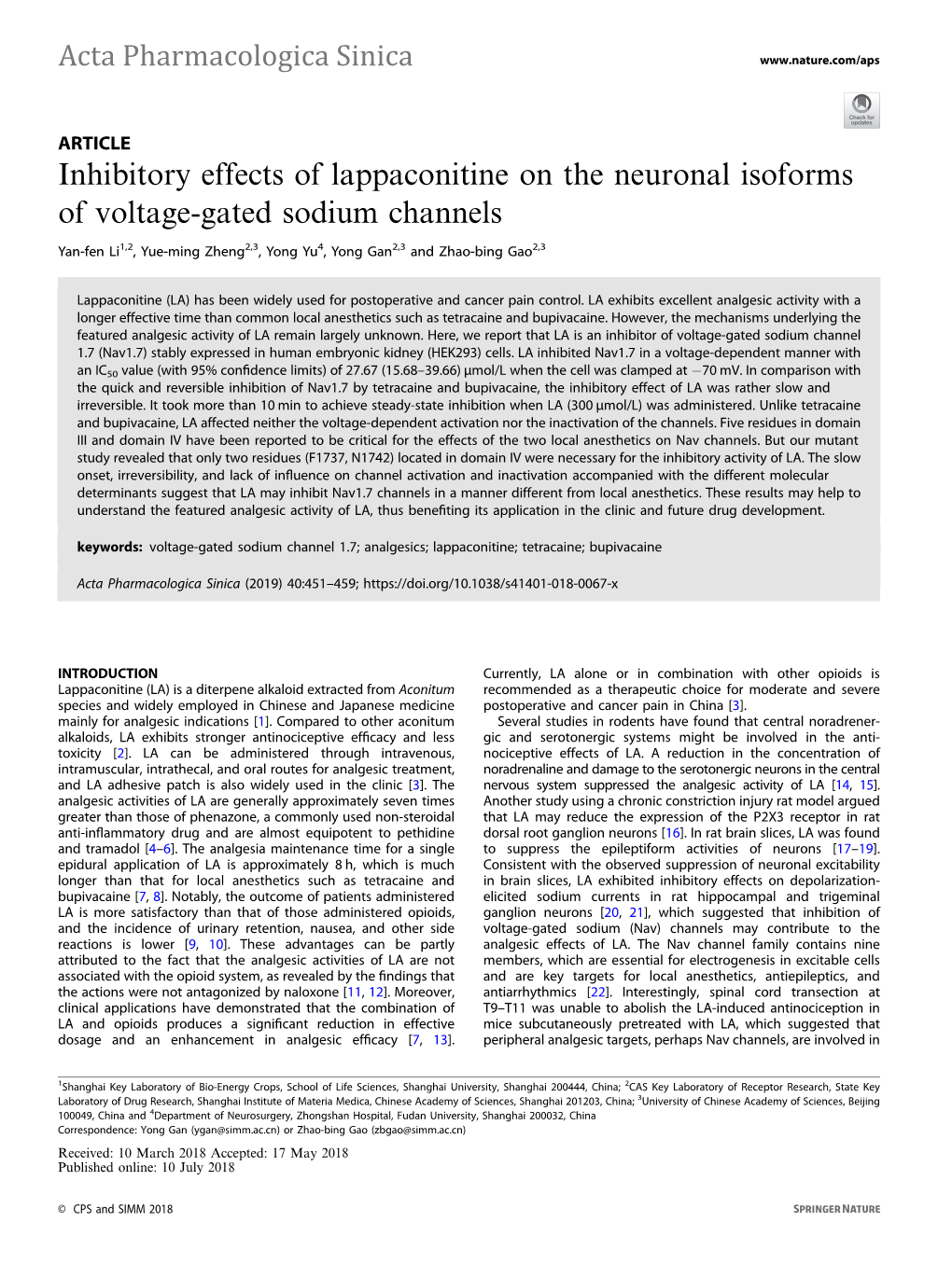 Inhibitory Effects of Lappaconitine on the Neuronal Isoforms of Voltage-Gated Sodium Channels