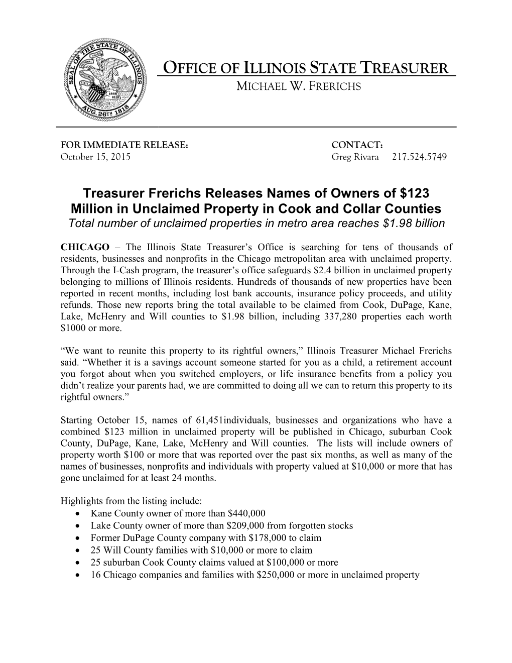 Treasurer Frerichs Releases Names of Owners of $123 Million In