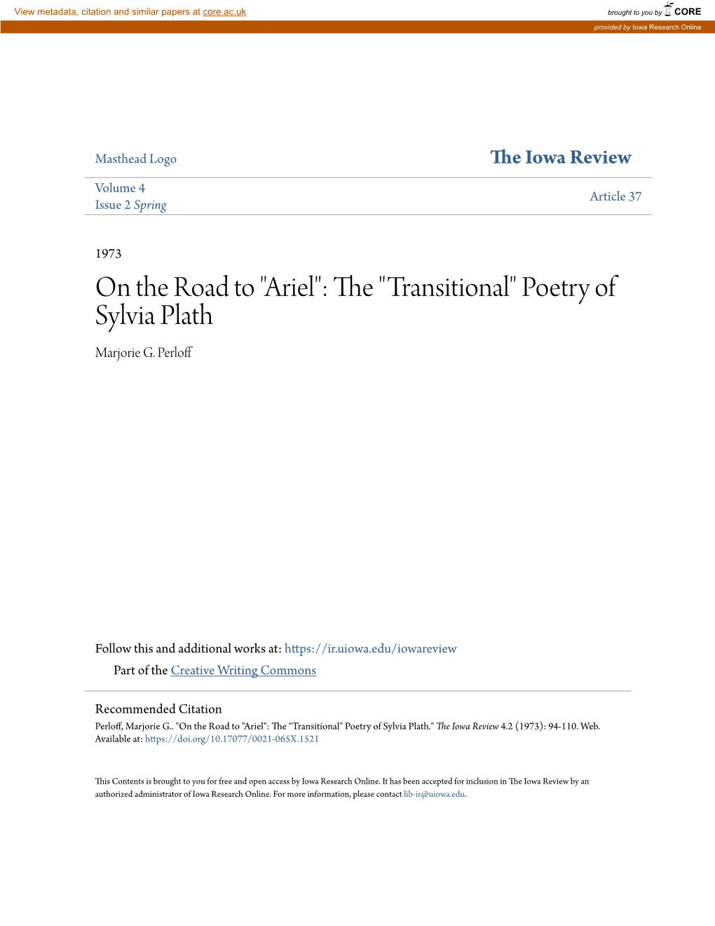 On the Road to "Ariel": the "Transitional" Poetry of Sylvia Plath Marjorie G