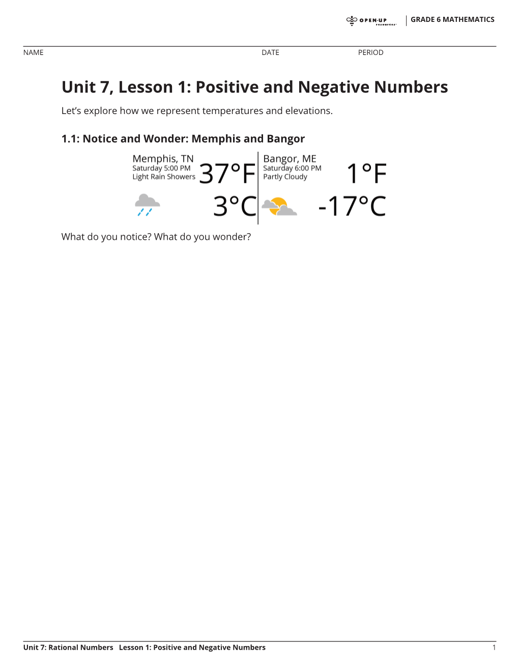 Unit 7, Lesson 1: Positive and Negative Numbers