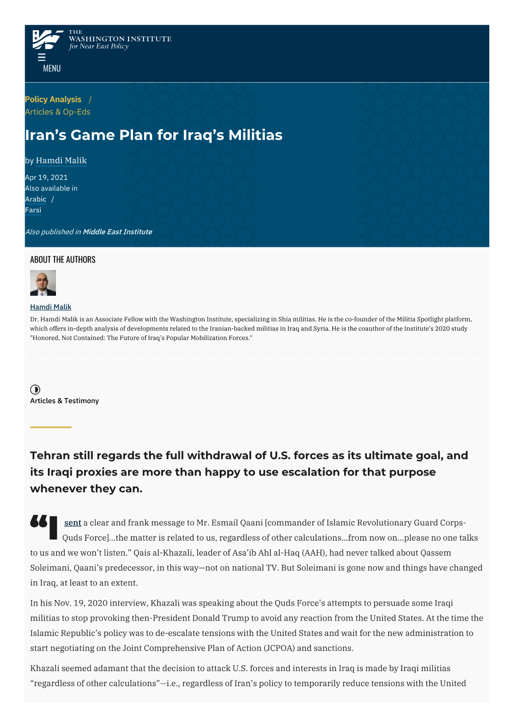 Iran's Game Plan for Iraq's Militias | the Washington Institute