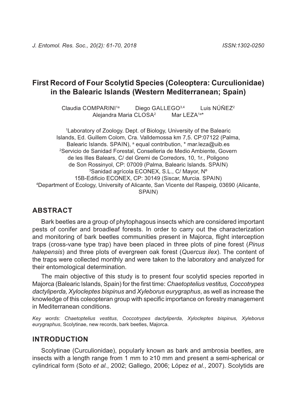 First Record of Four Scolytid Species (Coleoptera: Curculionidae) in the Balearic Islands (Western Mediterranean; Spain)