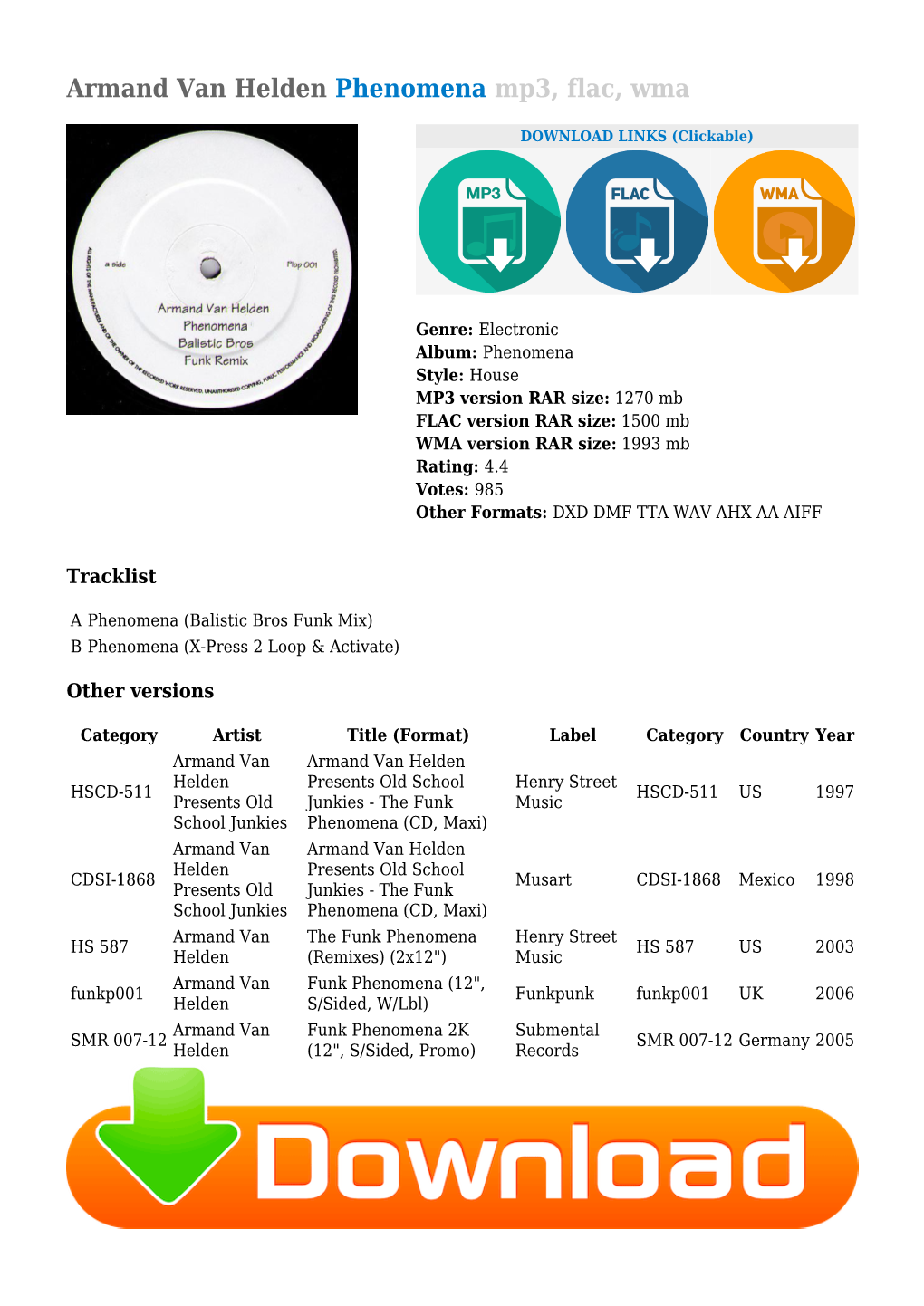 Armand Van Helden Phenomena Mp3, Flac, Wma