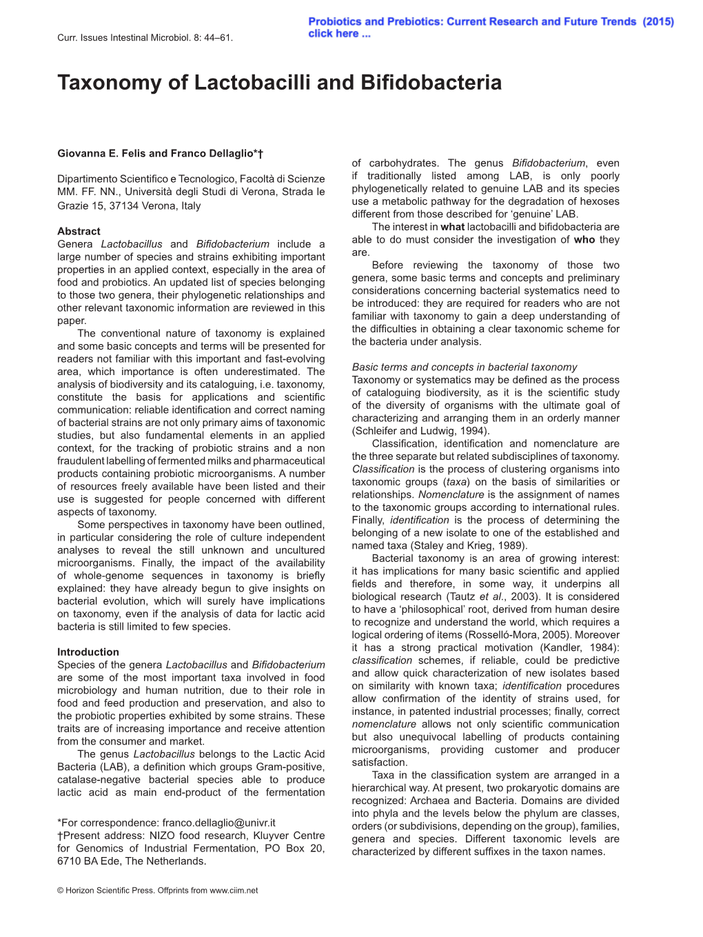 Taxonomy of Lactobacilli and Bifidobacteria