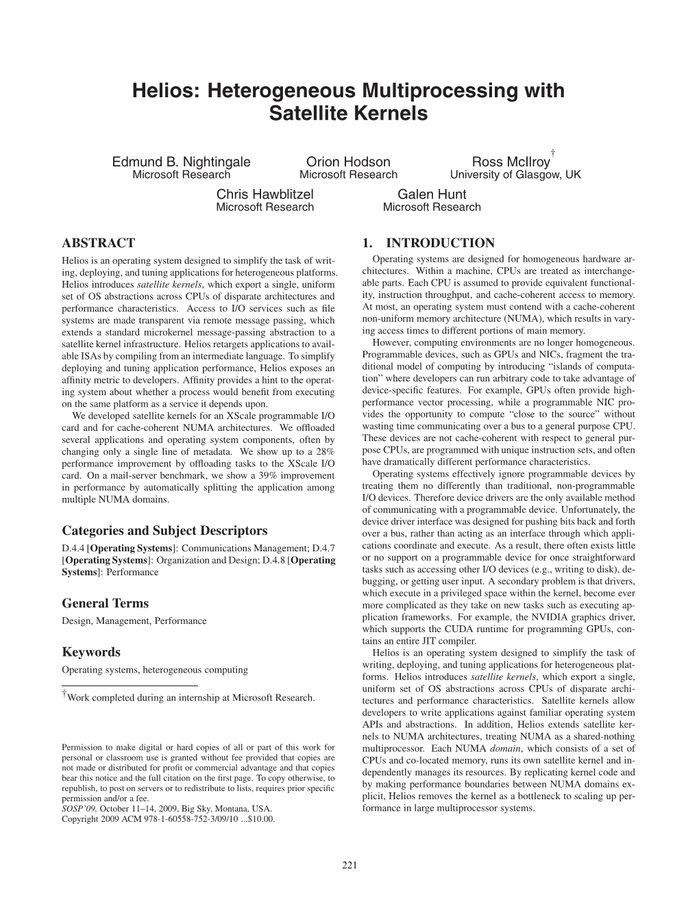 Helios: Heterogeneous Multiprocessing with Satellite Kernels