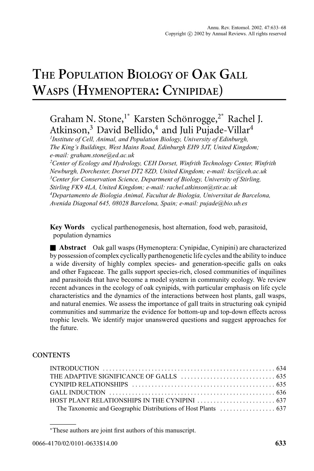 The Population Biology of Oak Gall Wasps (Hymenoptera: Cynipidae)