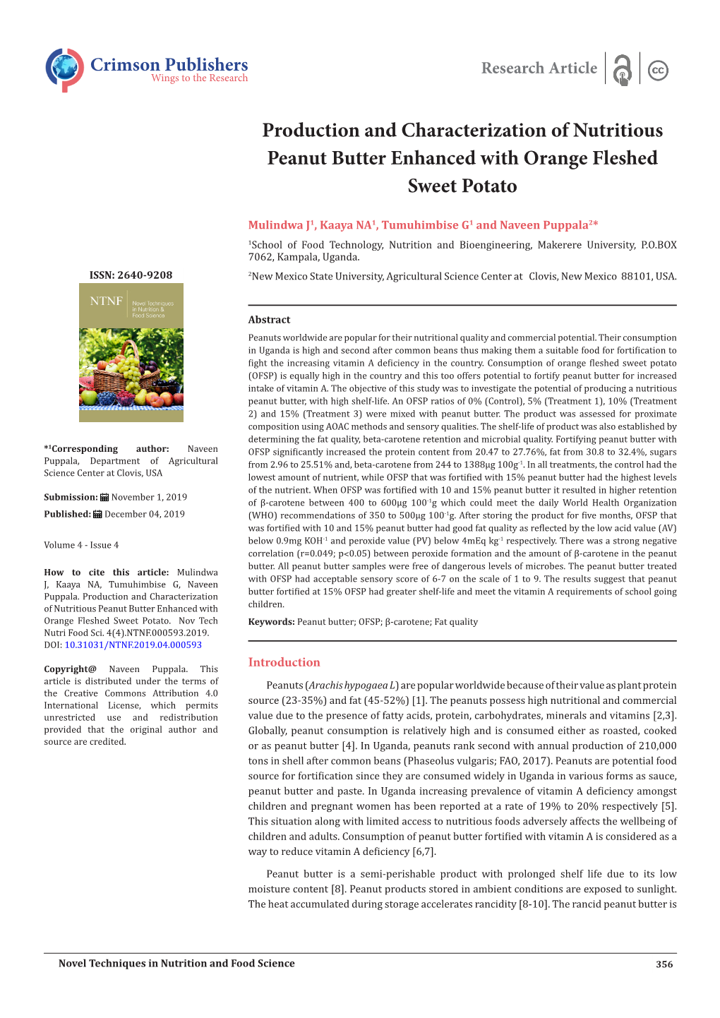 Production and Characterization of Nutritious Peanut Butter Enhanced with Orange Fleshed Sweet Potato