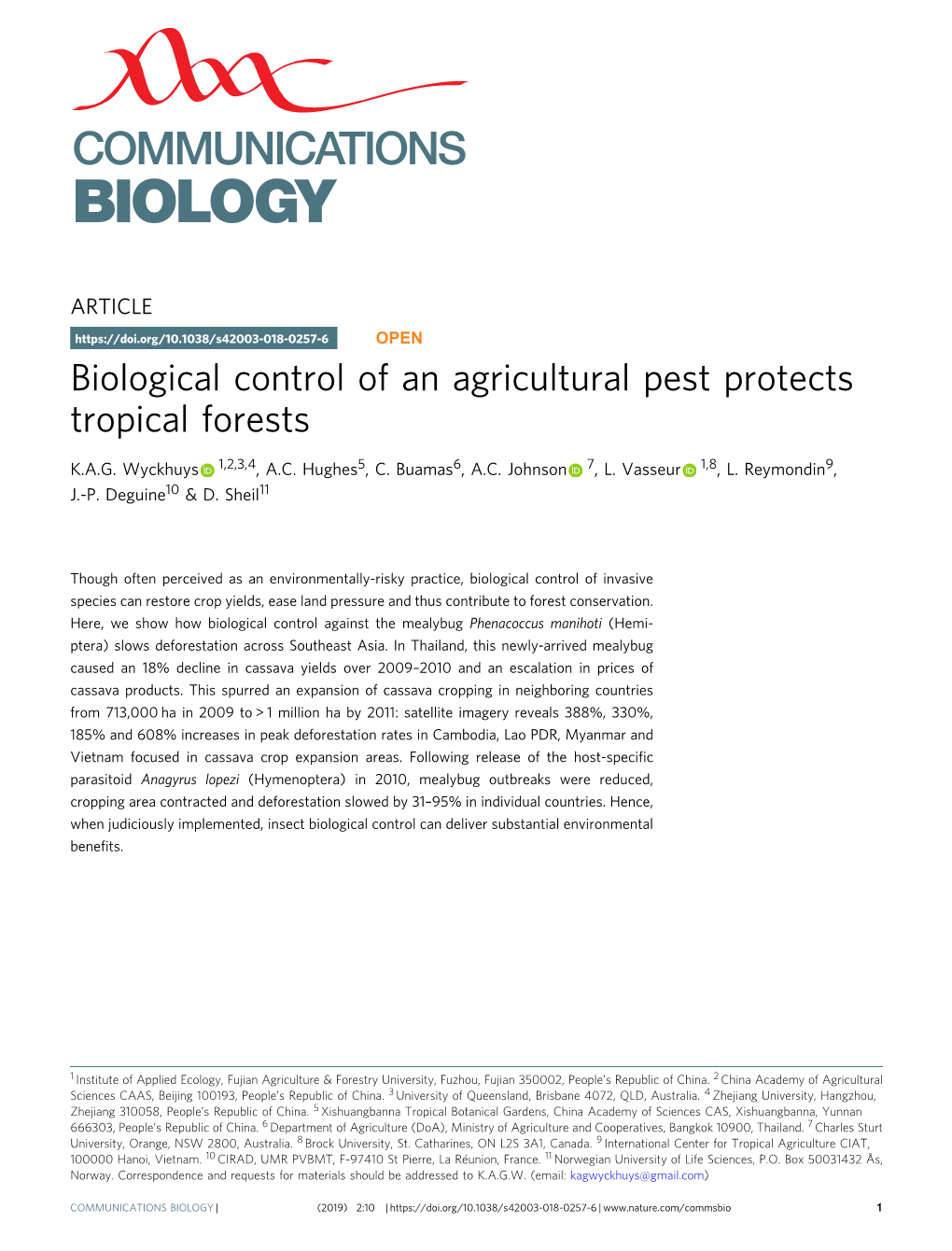 Biological Control of an Agricultural Pest Protects Tropical Forests