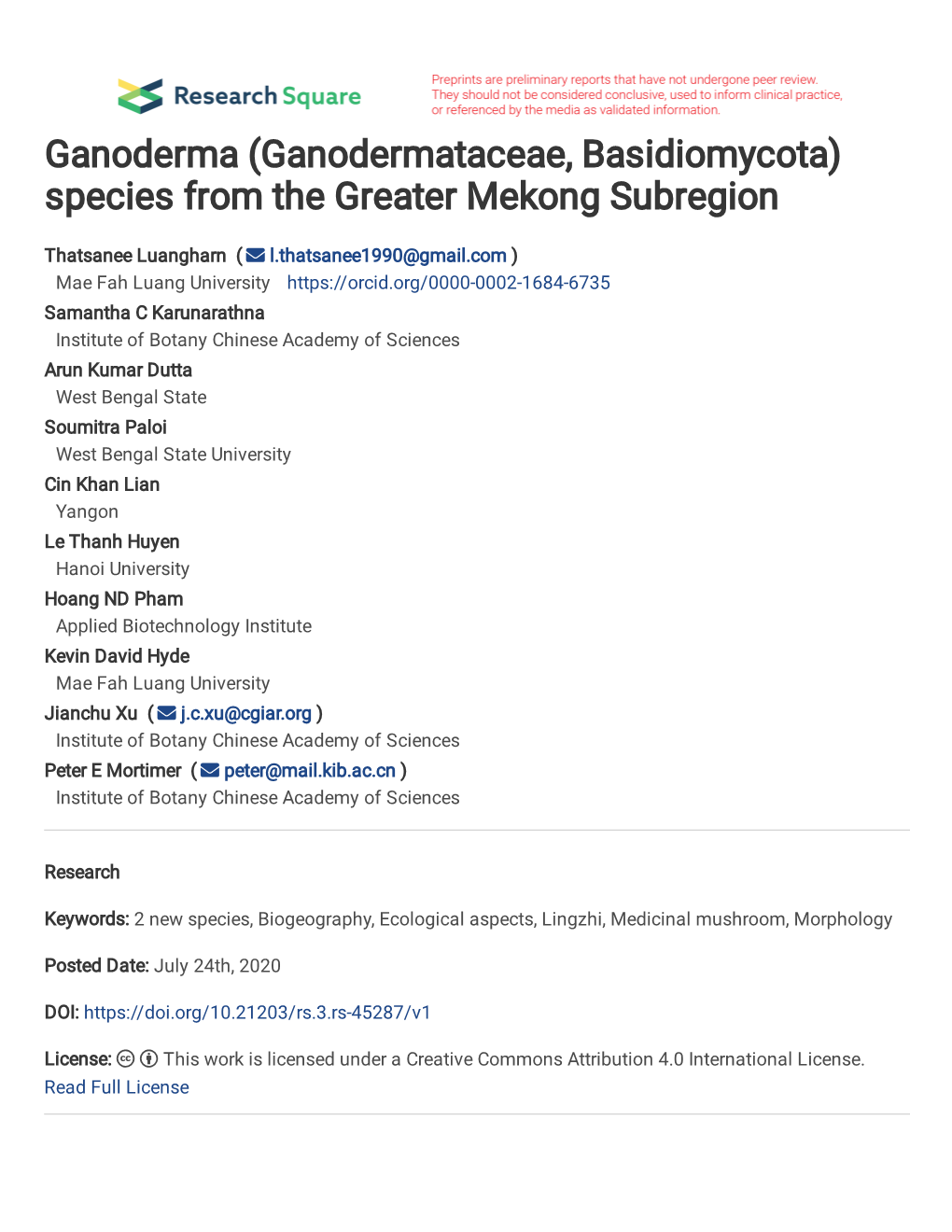 1 Ganoderma (Ganodermataceae, Basidiomycota) Species from the Greater Mekong