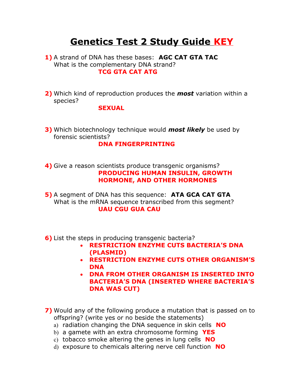 Genetics Test 2 Study Guide KEY