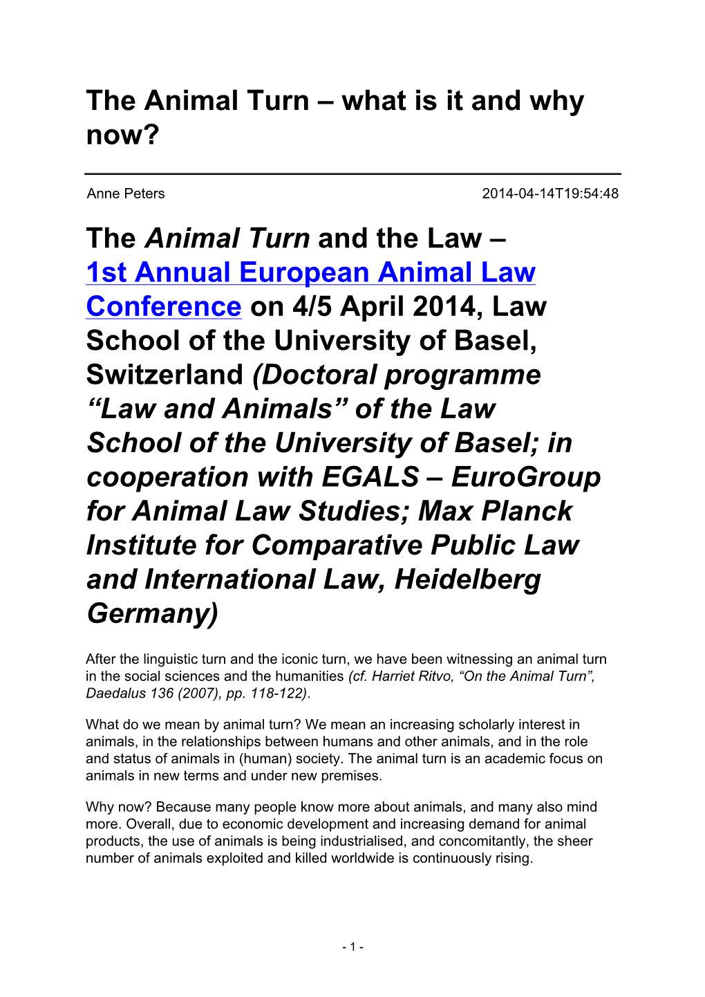 The Animal Turn – What Is It and Why Now? the Animal Turn and the Law