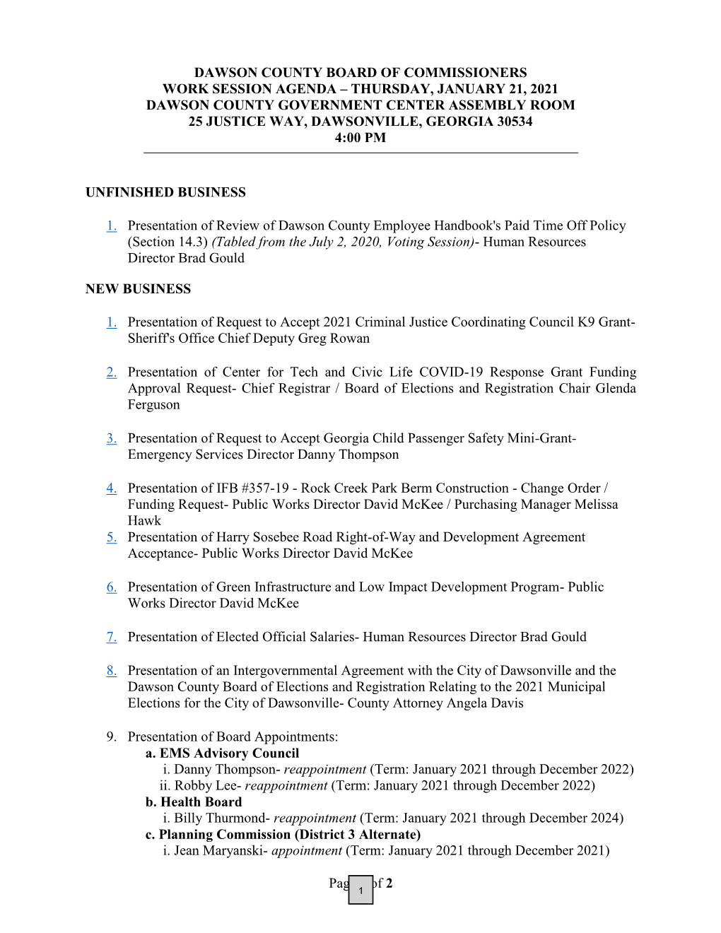 Of 2 DAWSON COUNTY BOARD of COMMISSIONERS WORK SESSION AGENDA