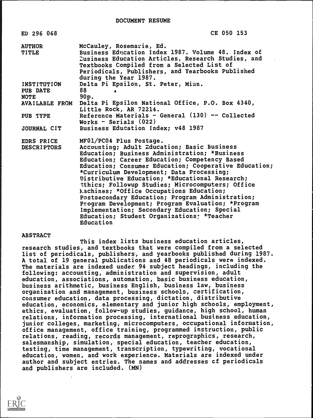 Business Education Index 1987. Volume 48. Index of Business