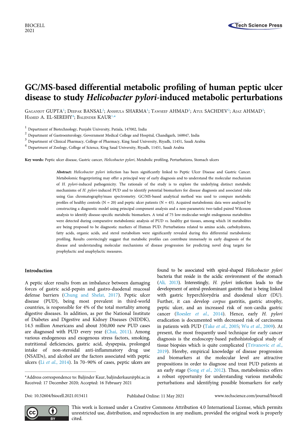 GC/MS-Based Differential Metabolic Profiling of Human Peptic Ulcer Disease to Study Helicobacter Pylori-Induced Metabolic Pertur