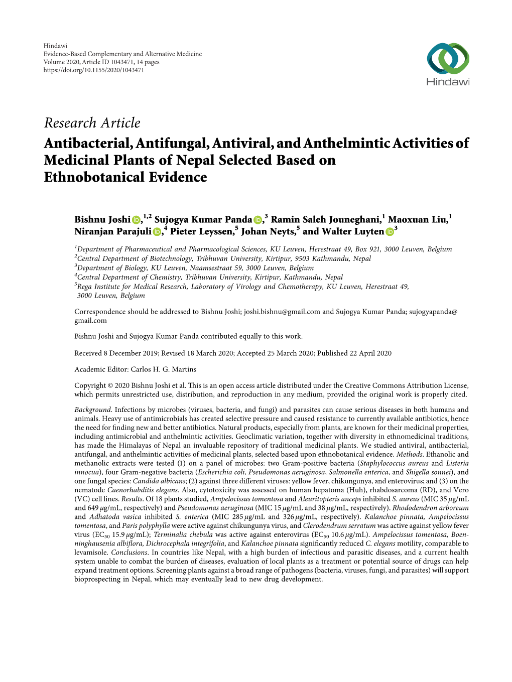 Antibacterial, Antifungal, Antiviral, and Anthelmintic Activities of Medicinal Plants of Nepal Selected Based on Ethnobotanical Evidence