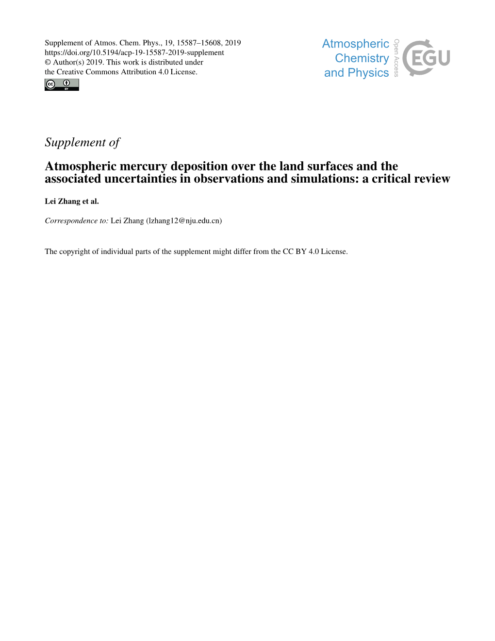 Supplement of Atmospheric Mercury Deposition Over the Land Surfaces and the Associated Uncertainties in Observations and Simulations: a Critical Review