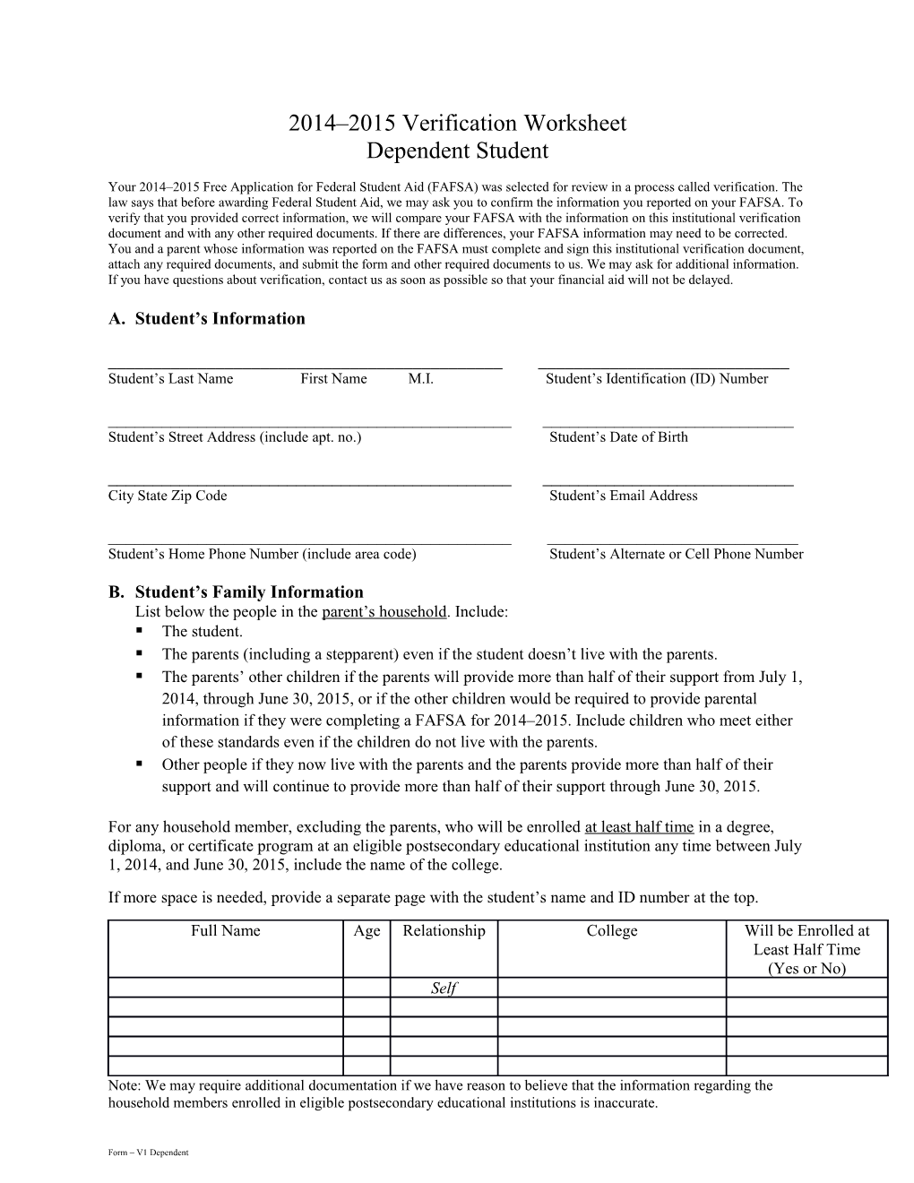 2014 2015 Verification Worksheet