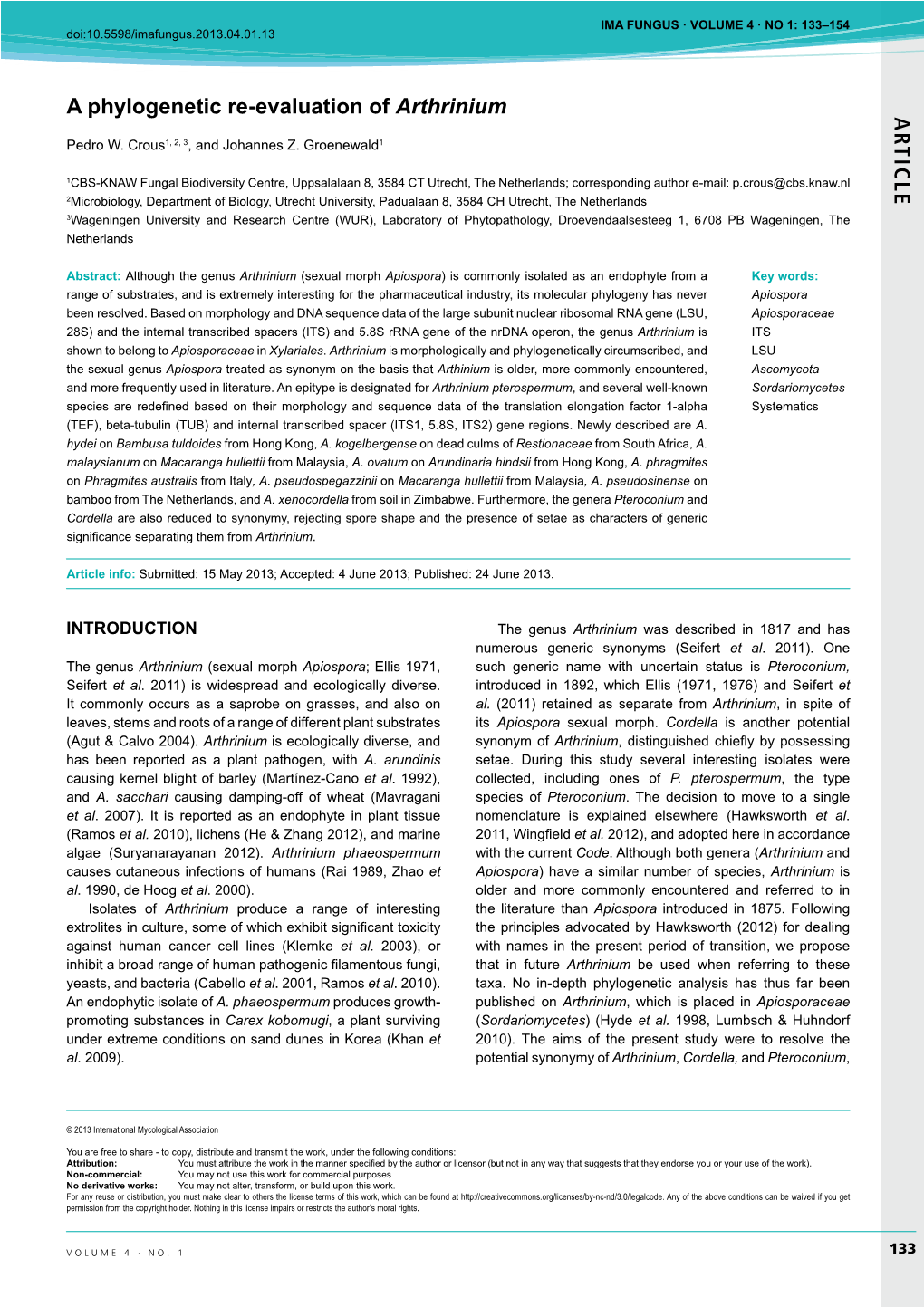 AR TICLE a Phylogenetic Re-Evaluation of Arthrinium