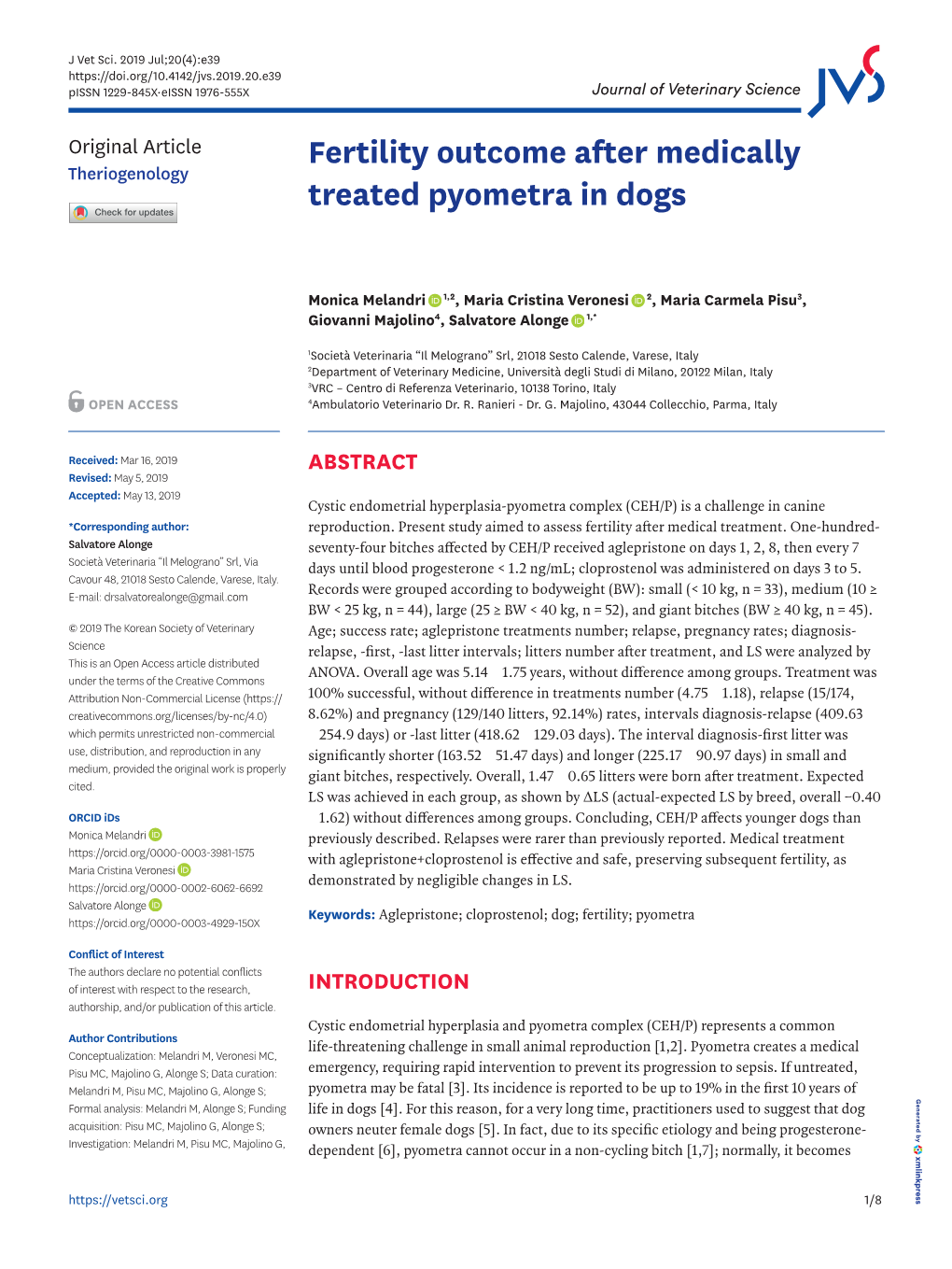 Fertility Outcome After Medically Treated Pyometra in Dogs