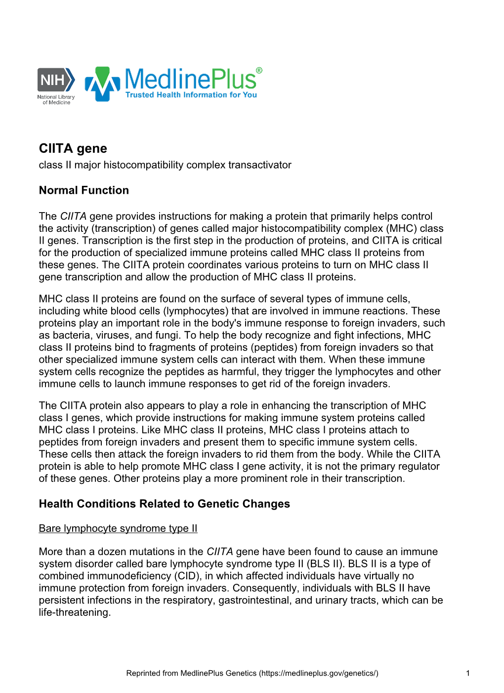 CIITA Gene Class II Major Histocompatibility Complex Transactivator