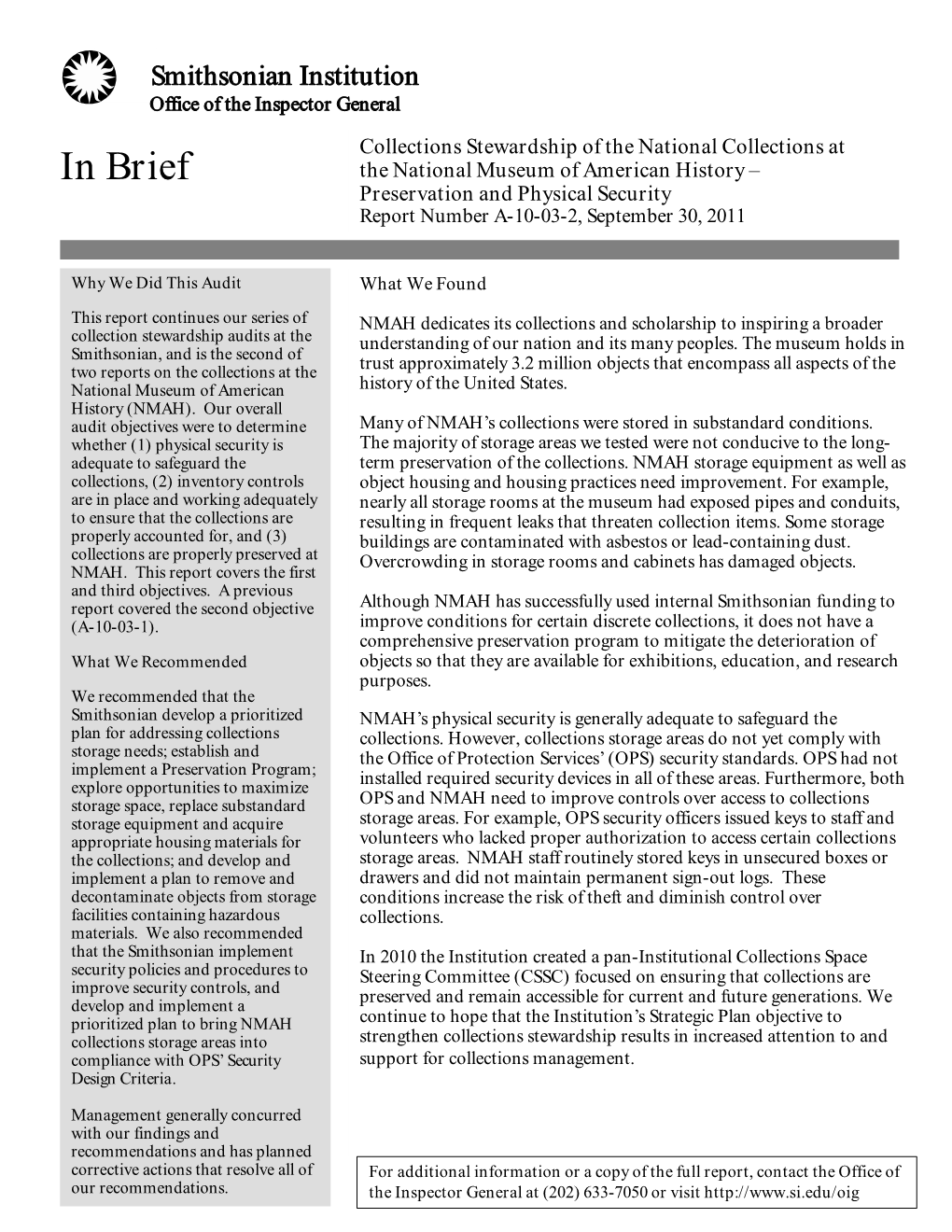 In Brief the National Museum of American History – Preservation and Physical Security Report Number A-10-03-2, September 30, 2011