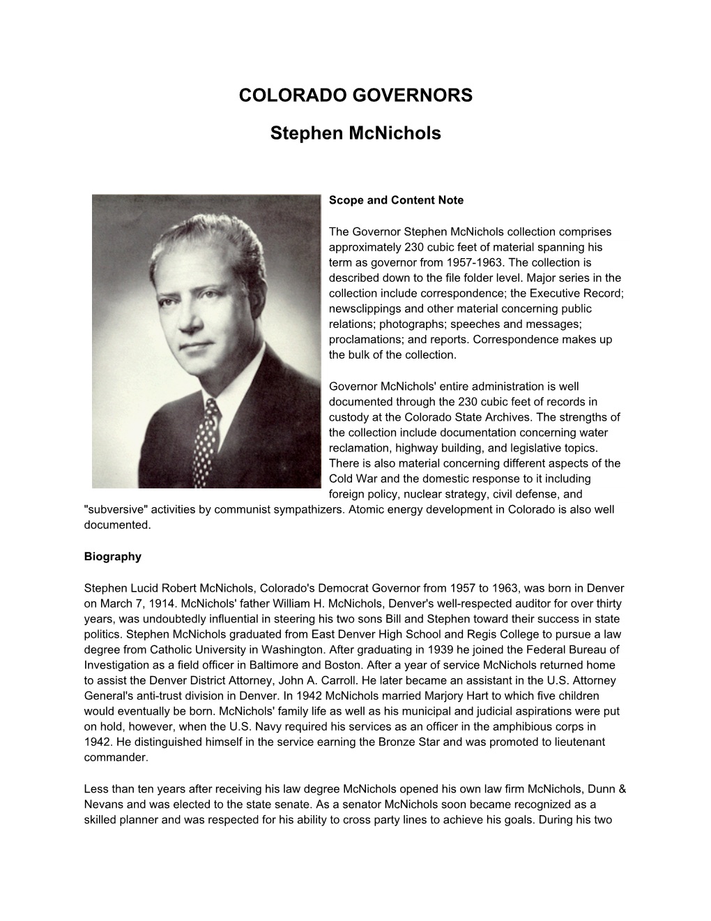 COLORADO GOVERNORS Stephen Mcnichols