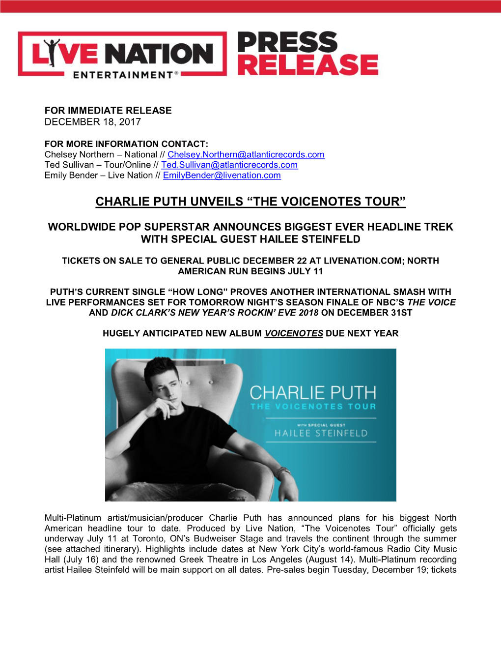 Charlie Puth Unveils “The Voicenotes Tour”