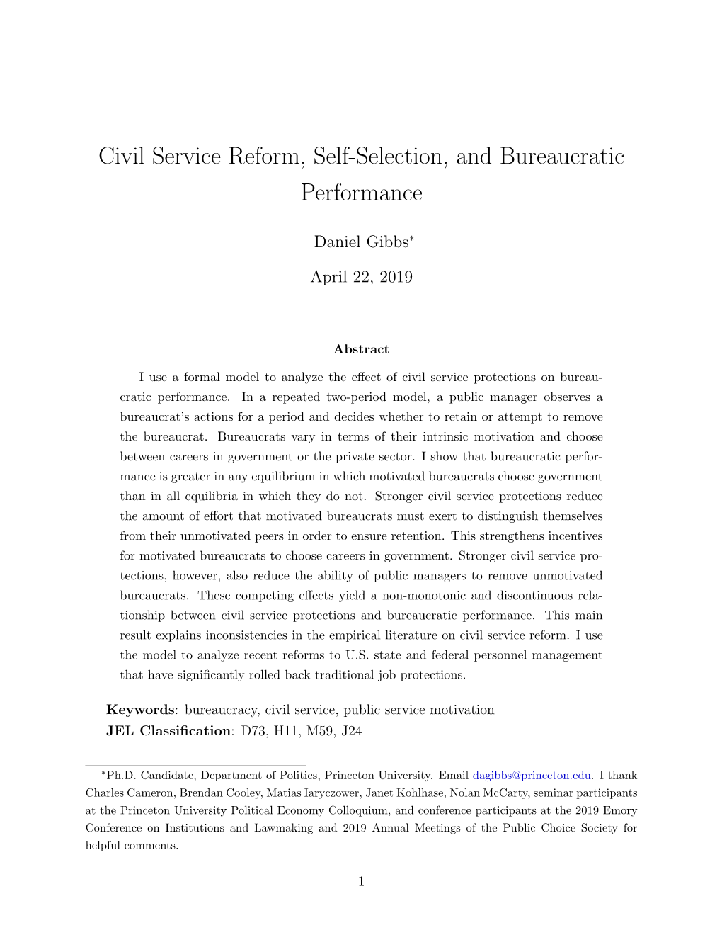 Civil Service Reform, Self-Selection, and Bureaucratic Performance