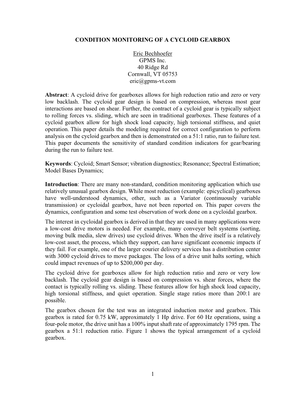 1 CONDITION MONITORING of a CYCLOID GEARBOX Eric