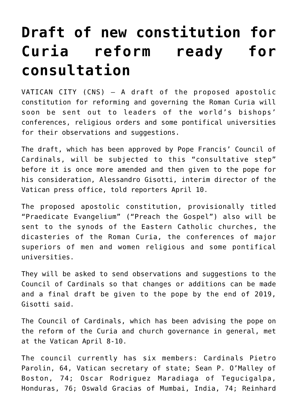 Draft of New Constitution for Curia Reform Ready for Consultation