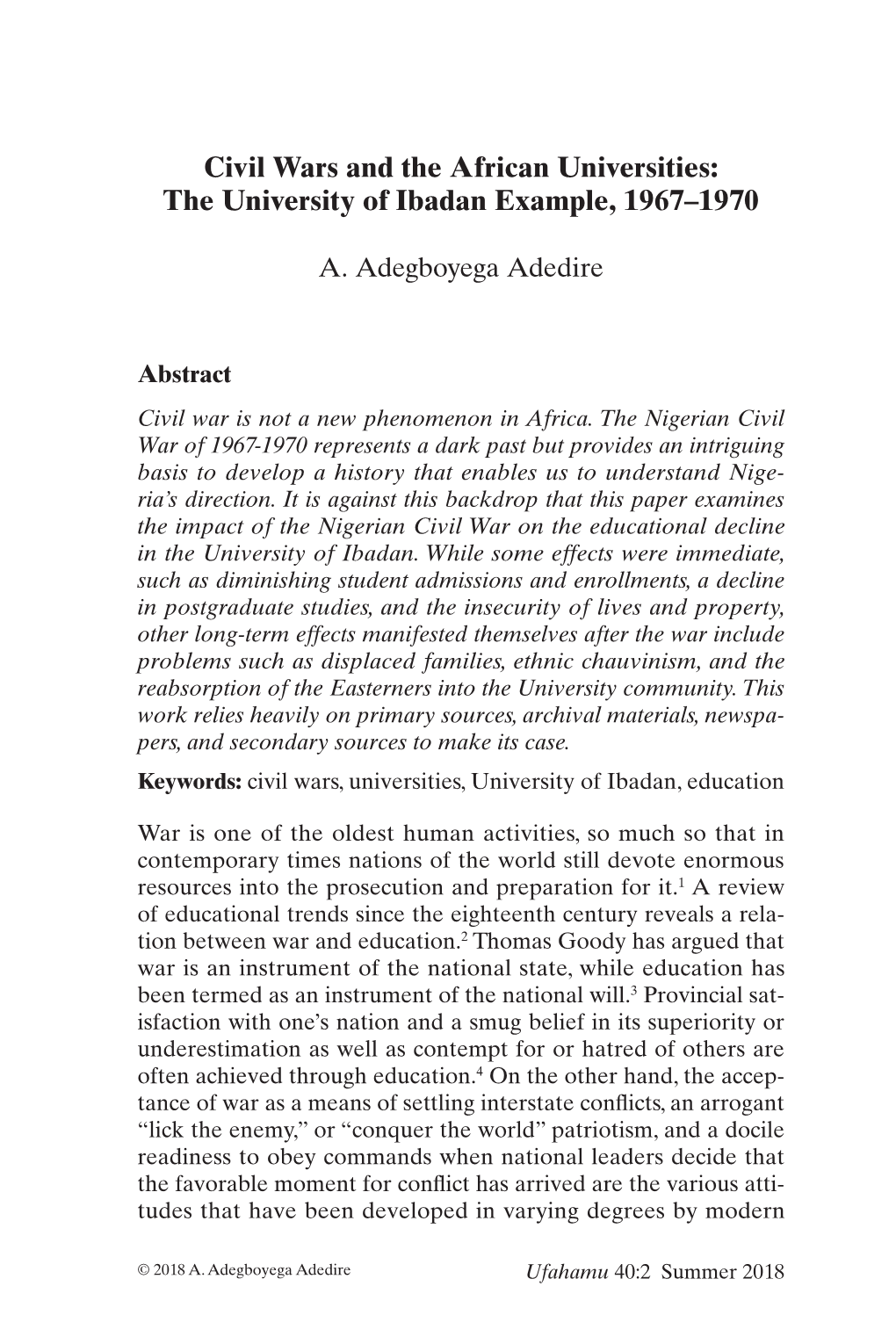 Civil Wars and the African Universities: the University of Ibadan Example, 1967–1970