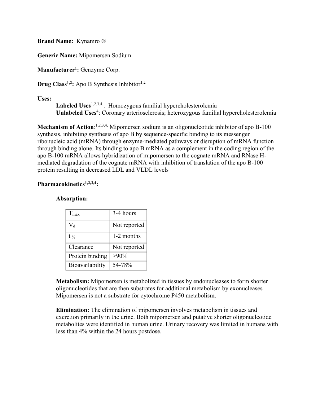 Mipomersen Sodium Manufacturer1: Genzyme Corp. Drug Class1,2